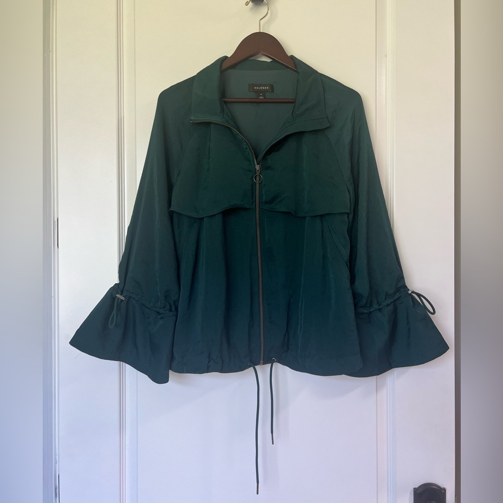 Halogen emerald green zip-up jacket Bell Sleeves with adjustable drawstrings Med - Picture 1 of 6